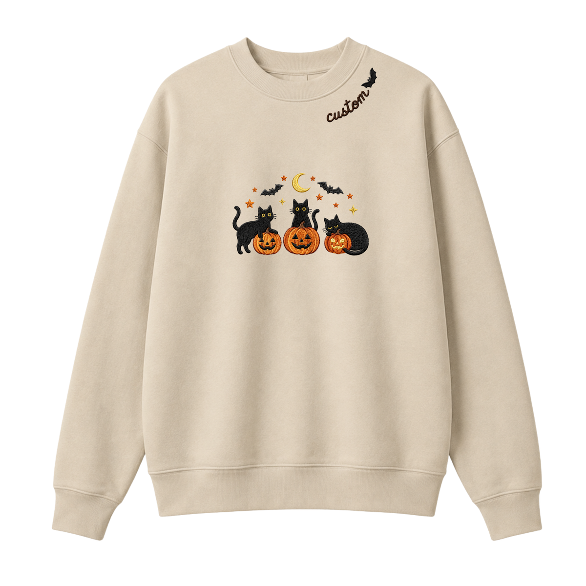 Chaotic Club Embroided Spooky Black Cats Jack O Lanterns Custom Neckline Crewneck Sweatshirt
