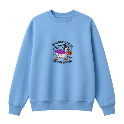 Chaotic Club Embroided Spooky Goose On The Loose Halloween Witch Hat Graphic Crewneck Sweatshirt