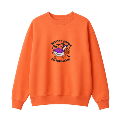 Chaotic Club Embroided Spooky Goose On The Loose Halloween Witch Hat Graphic Crewneck Sweatshirt