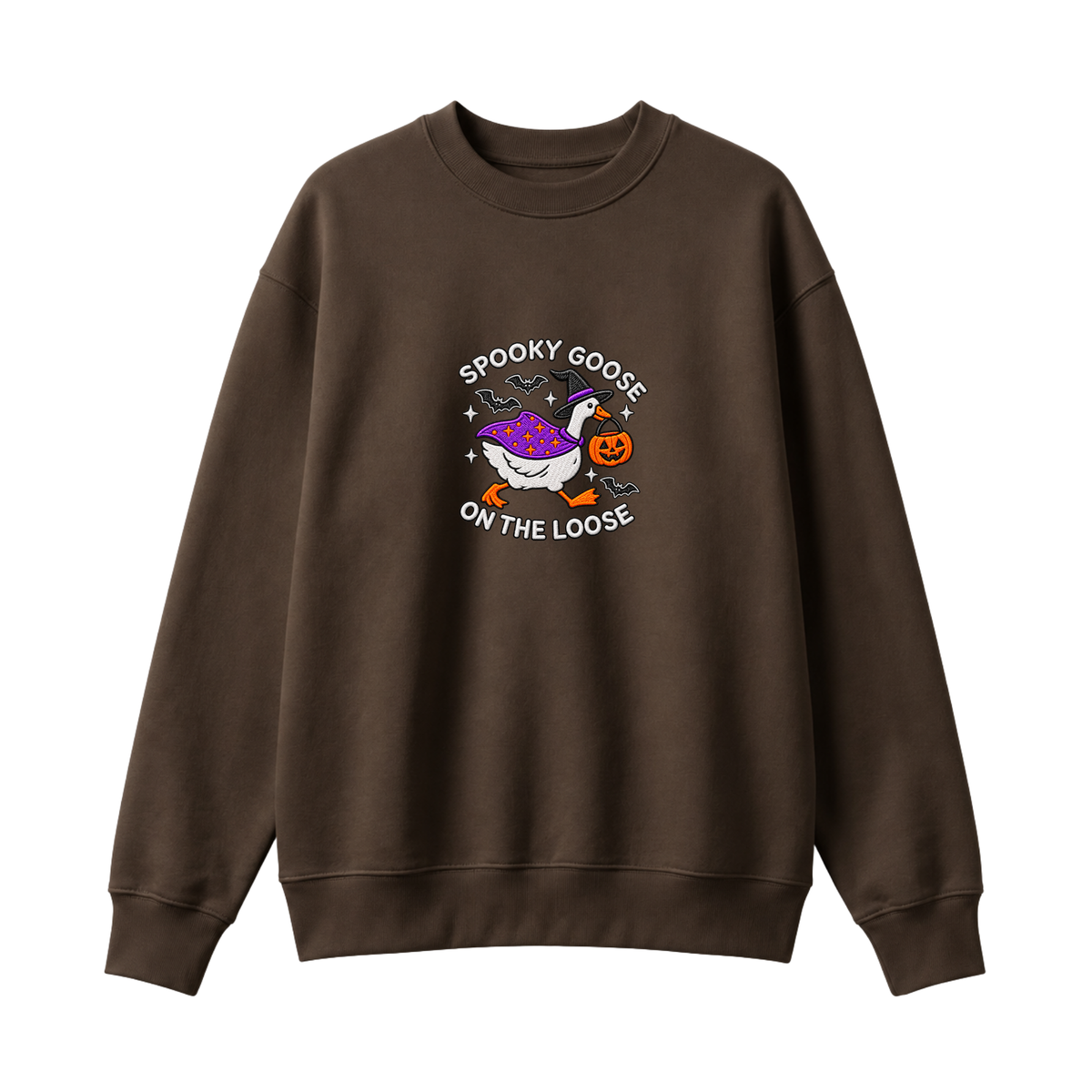 Chaotic Club Embroided Spooky Goose On The Loose Halloween Witch Hat Graphic Crewneck Sweatshirt
