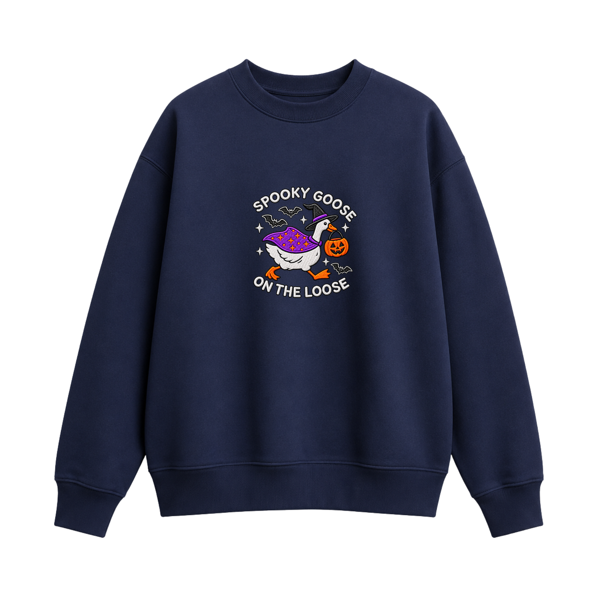 Chaotic Club Embroided Spooky Goose On The Loose Halloween Witch Hat Graphic Crewneck Sweatshirt