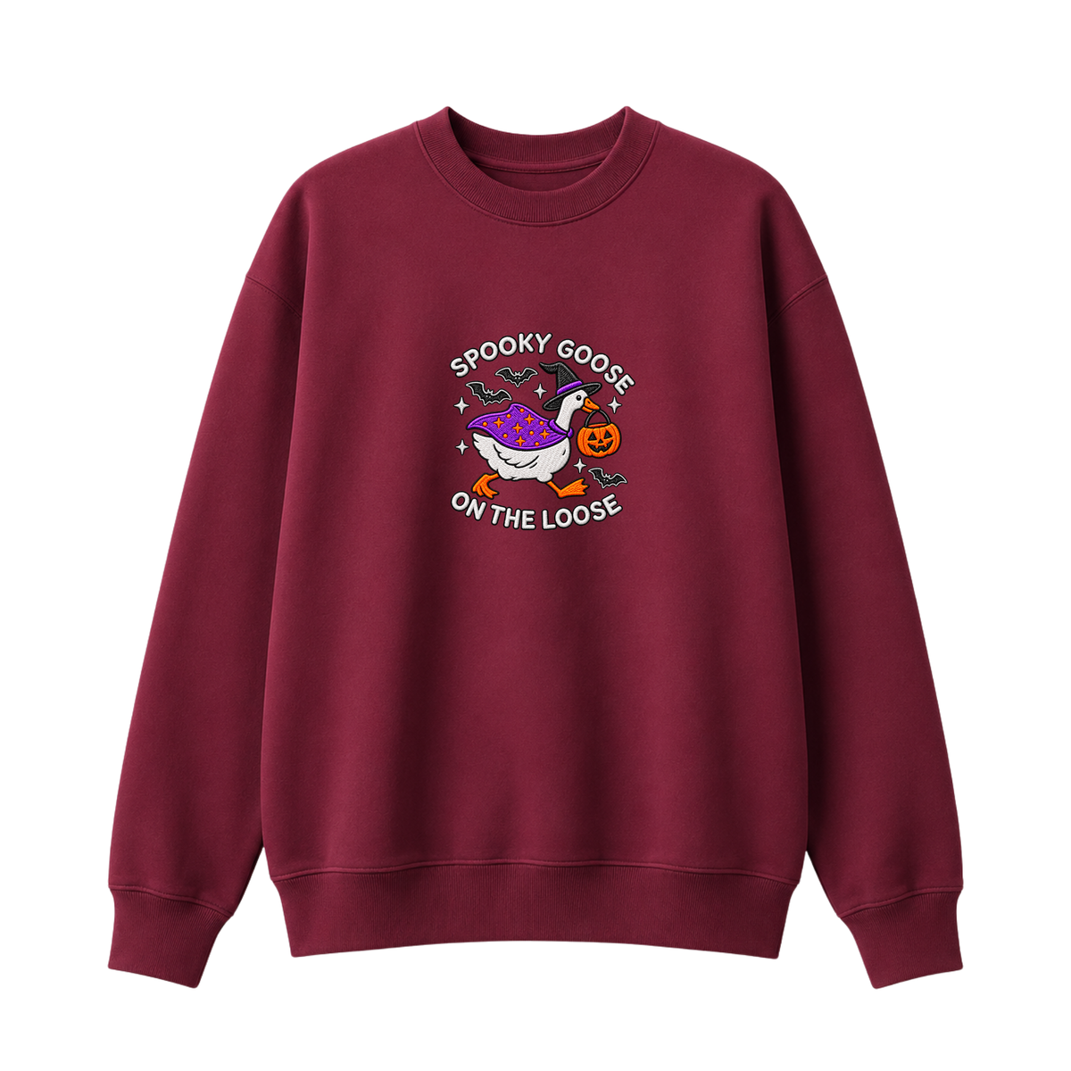 Chaotic Club Embroided Spooky Goose On The Loose Halloween Witch Hat Graphic Crewneck Sweatshirt