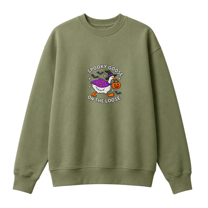 Chaotic Club Embroided Spooky Goose On The Loose Halloween Witch Hat Graphic Crewneck Sweatshirt