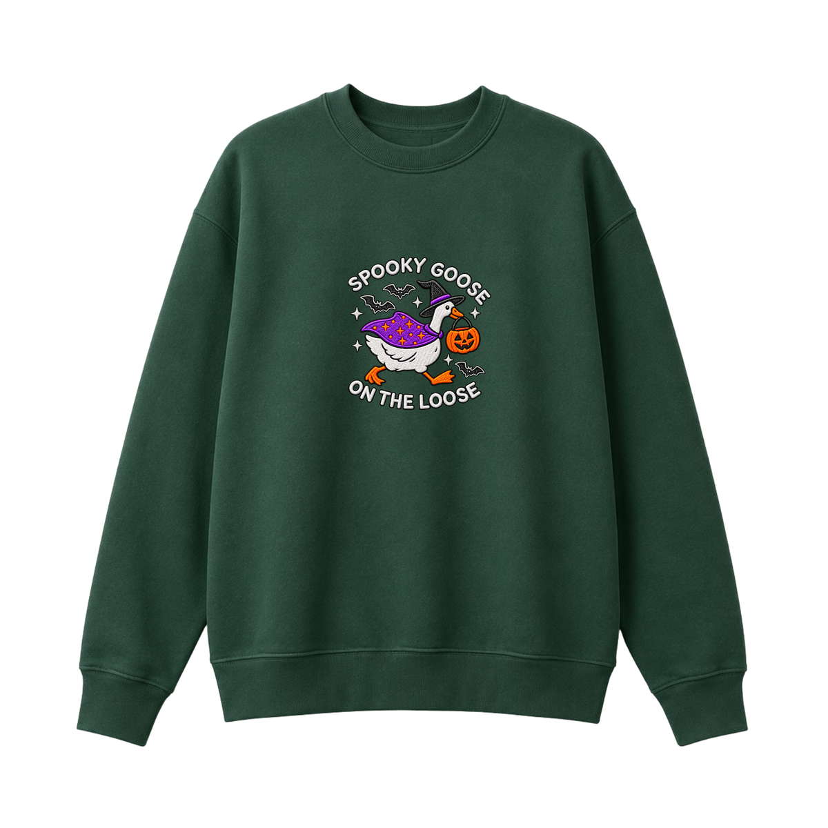 Chaotic Club Embroided Spooky Goose On The Loose Halloween Witch Hat Graphic Crewneck Sweatshirt