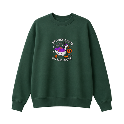 Chaotic Club Embroided Spooky Goose On The Loose Halloween Witch Hat Graphic Crewneck Sweatshirt