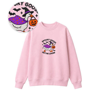 Chaotic Club Embroided Spooky Goose On The Loose Halloween Witch Hat Graphic Crewneck Sweatshirt