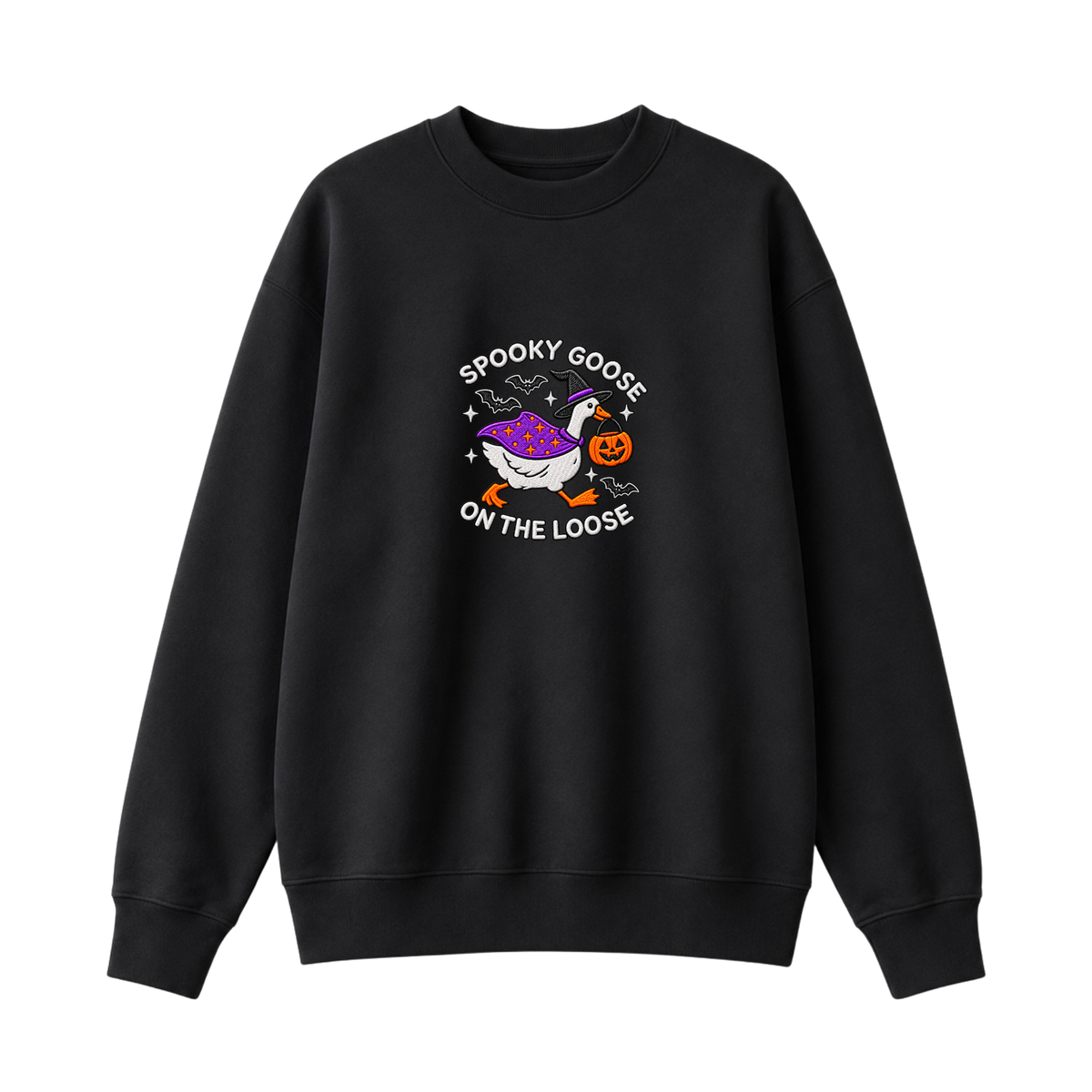 Chaotic Club Embroided Spooky Goose On The Loose Halloween Witch Hat Graphic Crewneck Sweatshirt