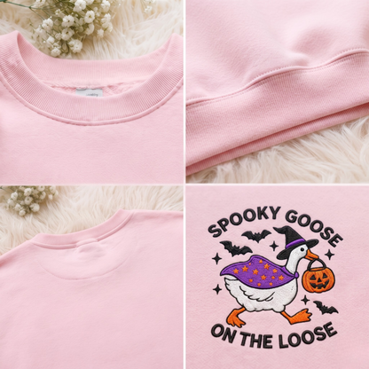 Chaotic Club Embroided Spooky Goose On The Loose Halloween Witch Hat Graphic Crewneck Sweatshirt