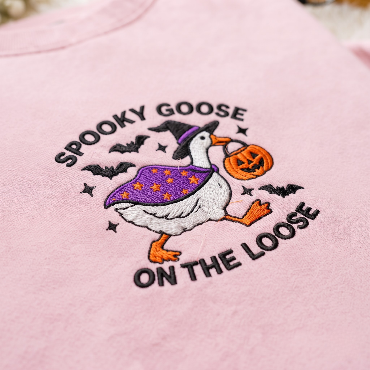 Chaotic Club Embroided Spooky Goose On The Loose Halloween Witch Hat Graphic Crewneck Sweatshirt