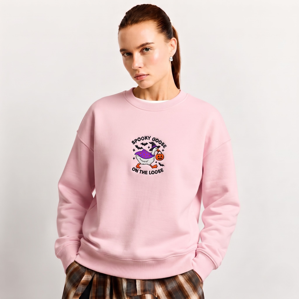 Chaotic Club Embroided Spooky Goose On The Loose Halloween Witch Hat Graphic Crewneck Sweatshirt