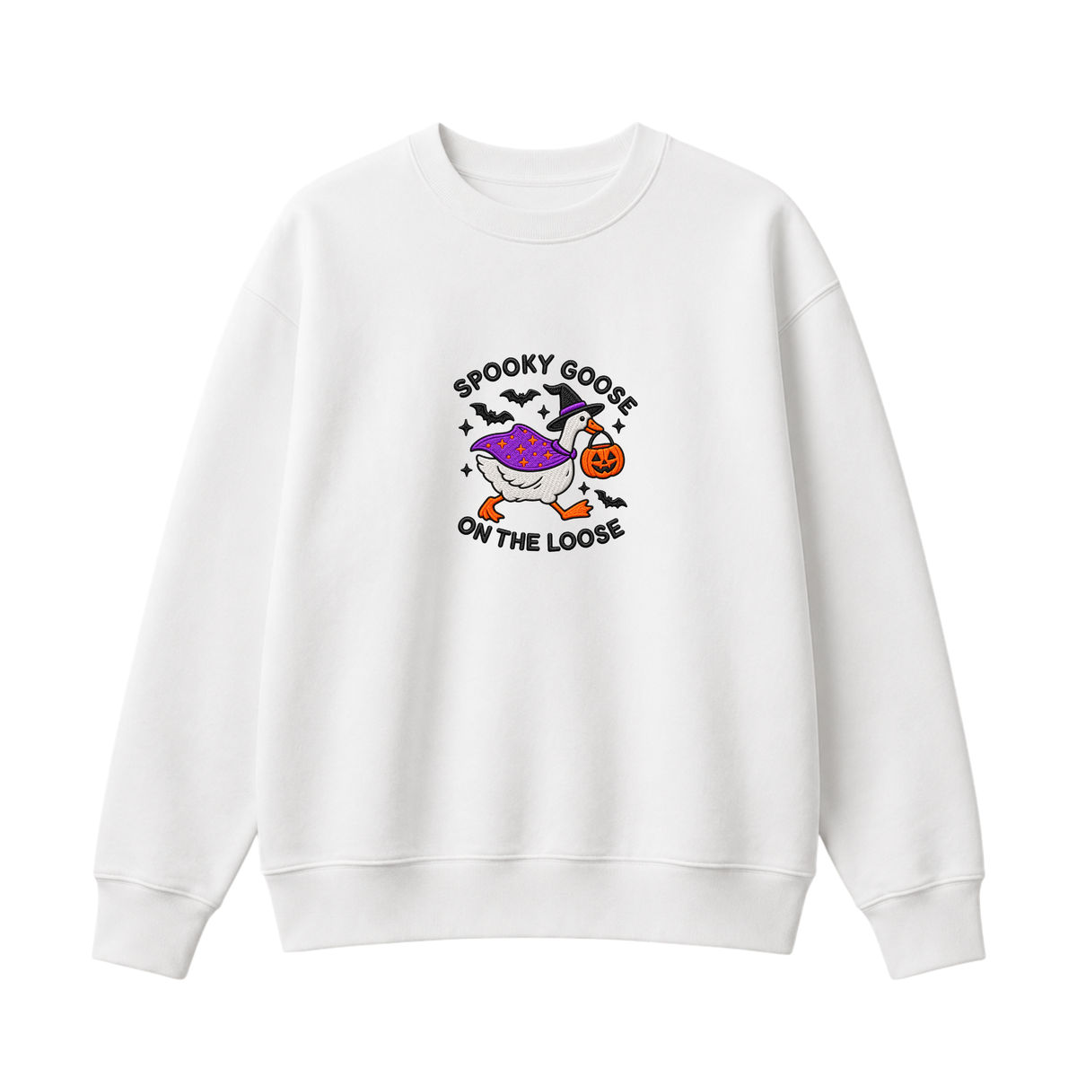 Chaotic Club Embroided Spooky Goose On The Loose Halloween Witch Hat Graphic Crewneck Sweatshirt