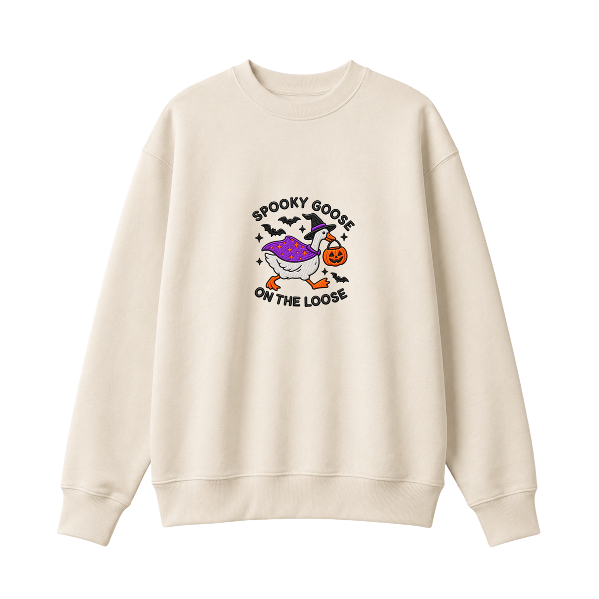 Chaotic Club Embroided Spooky Goose On The Loose Halloween Witch Hat Graphic Crewneck Sweatshirt