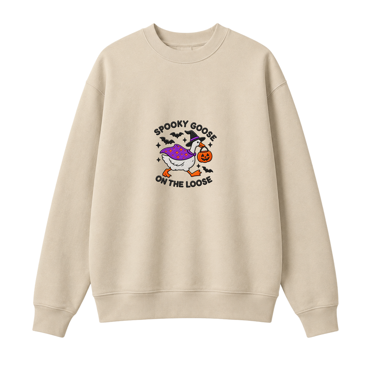 Chaotic Club Embroided Spooky Goose On The Loose Halloween Witch Hat Graphic Crewneck Sweatshirt