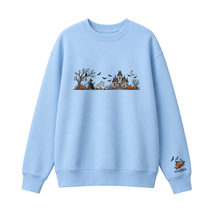 Chaotic Club Embroided Spooky Haunted House Halloween Scene Crewneck Sweatshirt