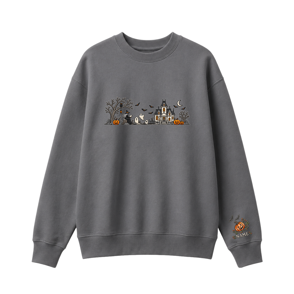 Chaotic Club Embroided Spooky Haunted House Halloween Scene Crewneck Sweatshirt