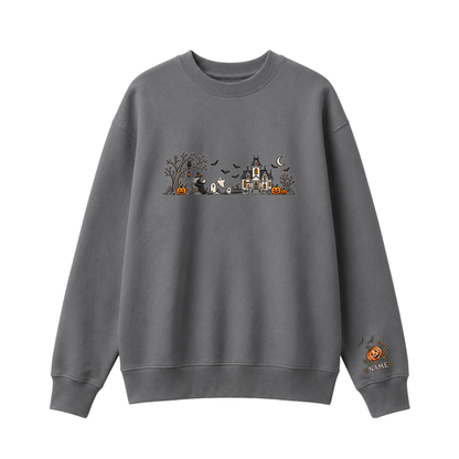 Chaotic Club Embroided Spooky Haunted House Halloween Scene Crewneck Sweatshirt