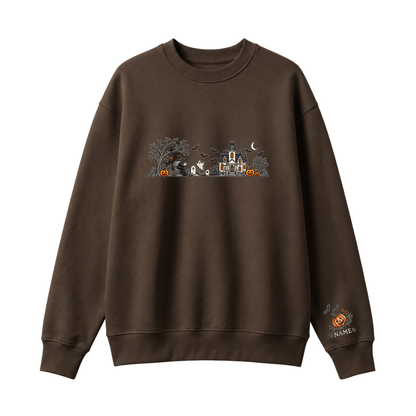 Chaotic Club Embroided Spooky Haunted House Halloween Scene Crewneck Sweatshirt