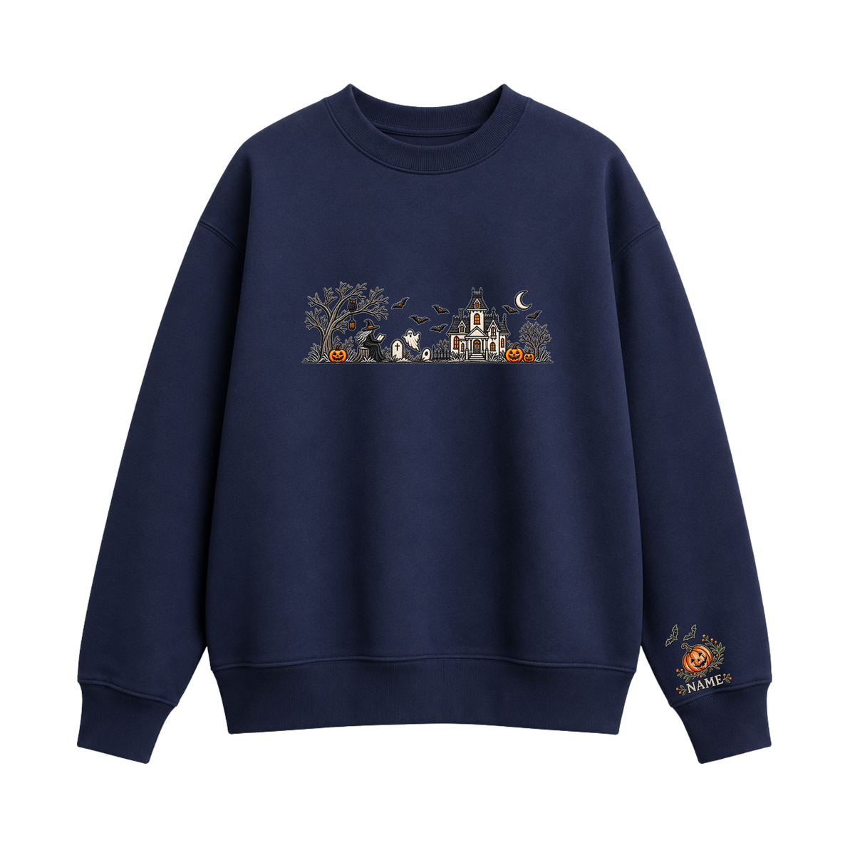Chaotic Club Embroided Spooky Haunted House Halloween Scene Crewneck Sweatshirt