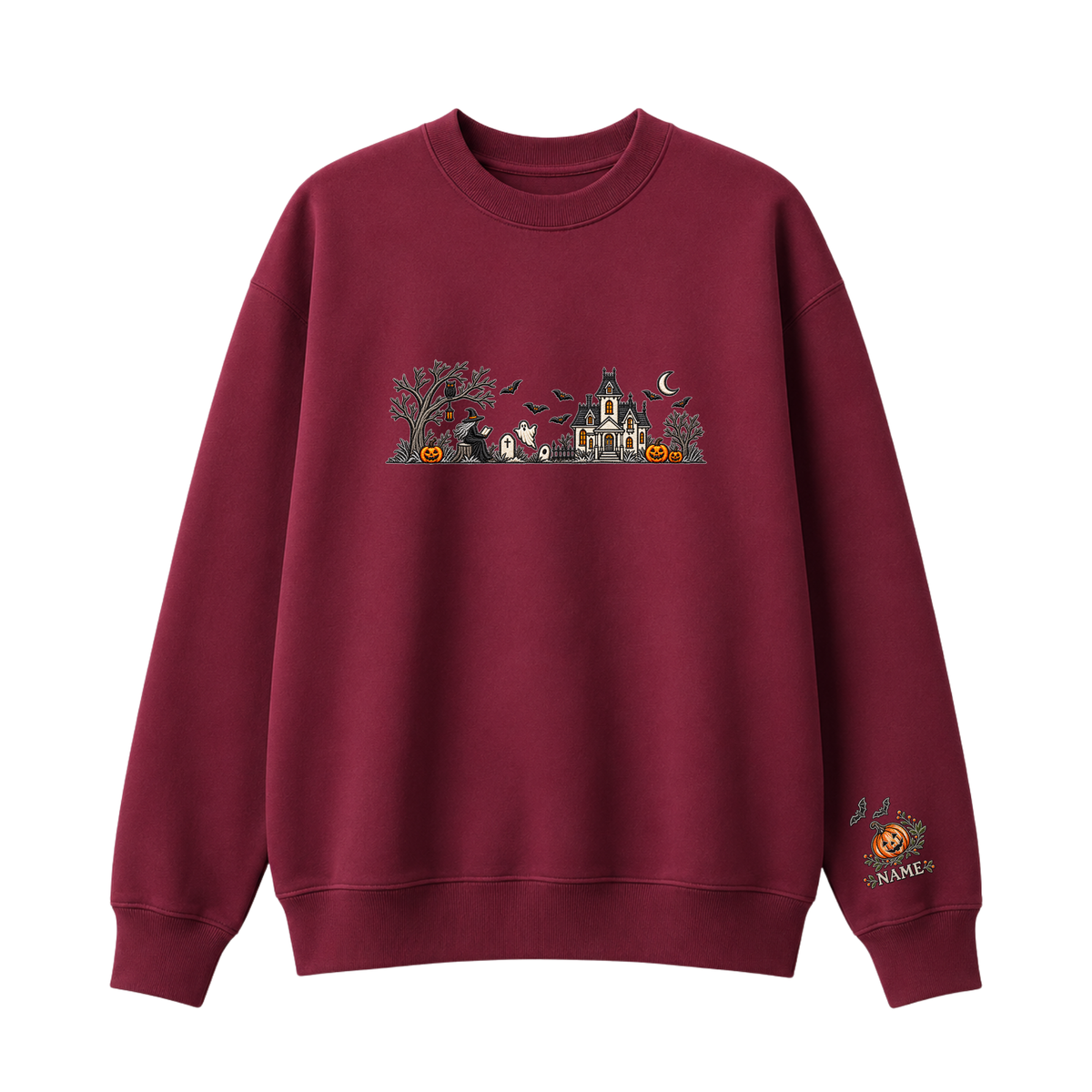 Chaotic Club Embroided Spooky Haunted House Halloween Scene Crewneck Sweatshirt