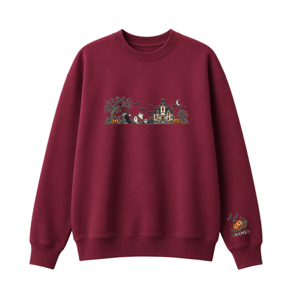 Chaotic Club Embroided Spooky Haunted House Halloween Scene Crewneck Sweatshirt