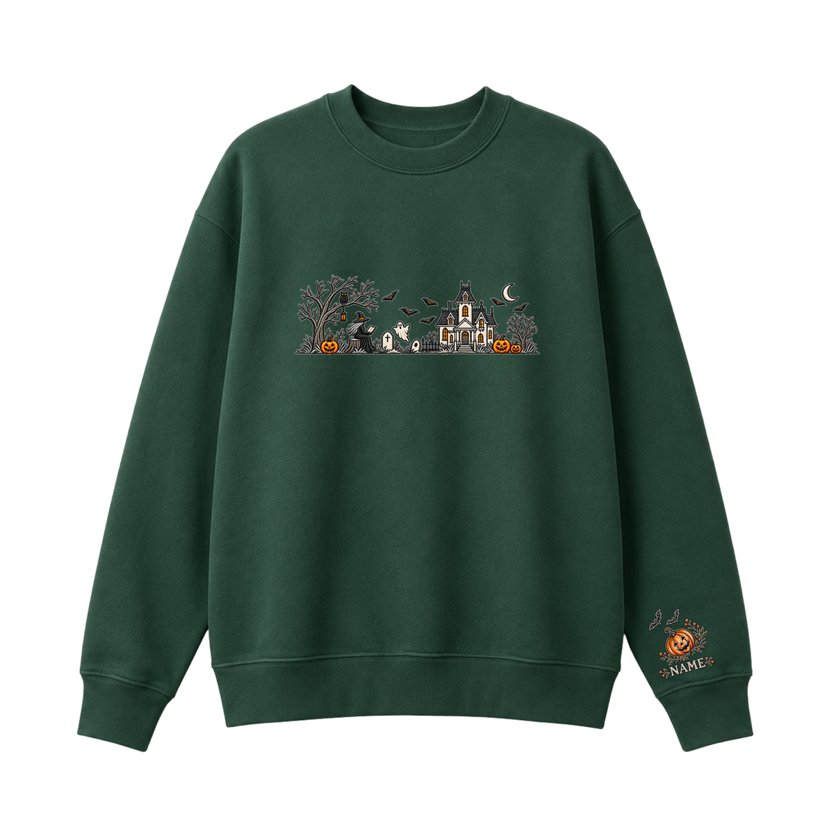 Chaotic Club Embroided Spooky Haunted House Halloween Scene Crewneck Sweatshirt