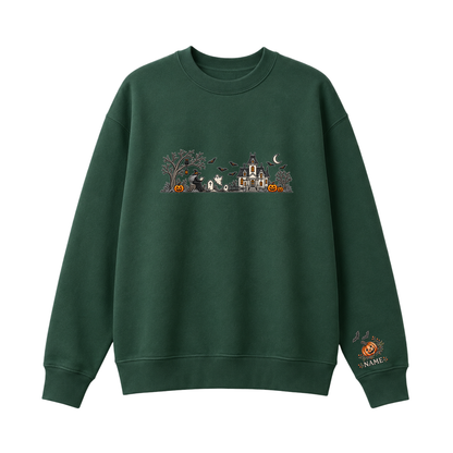 Chaotic Club Embroided Spooky Haunted House Halloween Scene Crewneck Sweatshirt