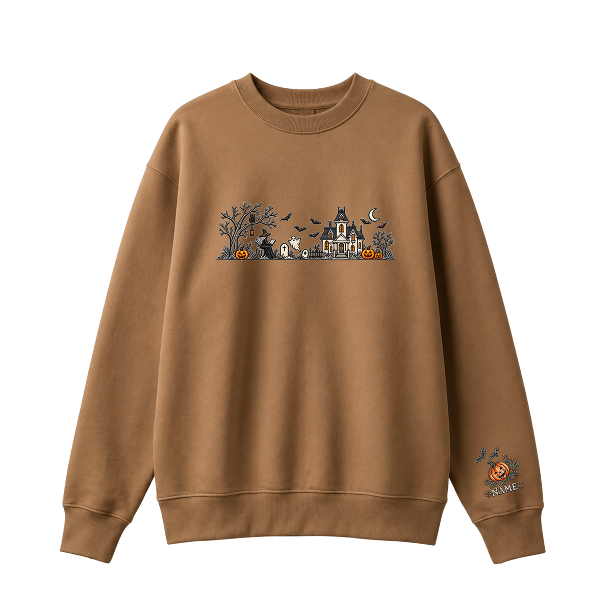 Chaotic Club Embroided Spooky Haunted House Halloween Scene Crewneck Sweatshirt