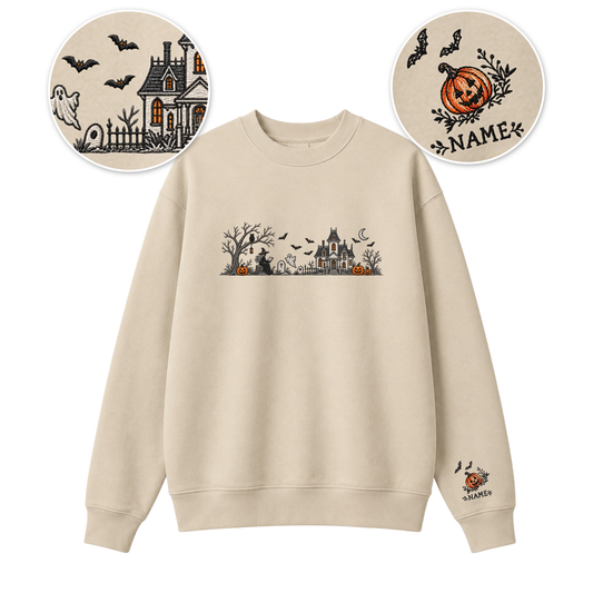 Chaotic Club Embroided Spooky Haunted House Halloween Scene Crewneck Sweatshirt