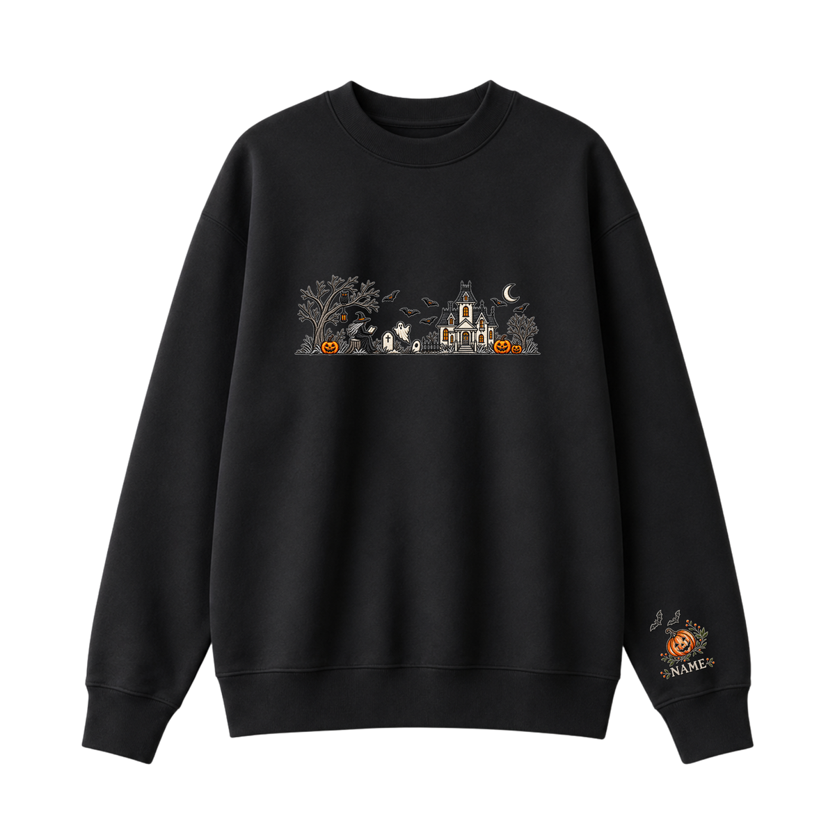 Chaotic Club Embroided Spooky Haunted House Halloween Scene Crewneck Sweatshirt