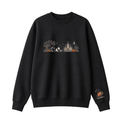 Chaotic Club Embroided Spooky Haunted House Halloween Scene Crewneck Sweatshirt