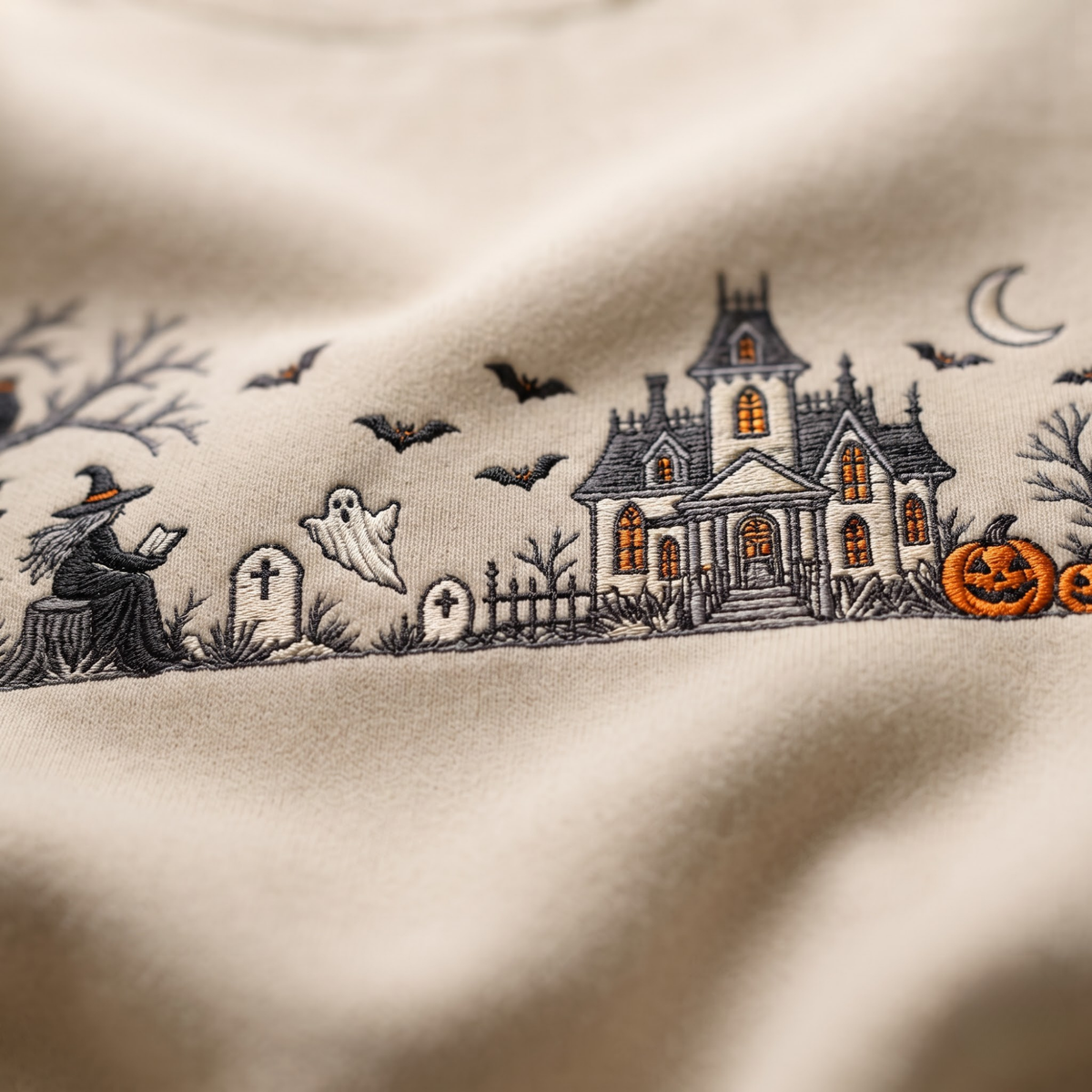 Chaotic Club Embroided Spooky Haunted House Halloween Scene Crewneck Sweatshirt