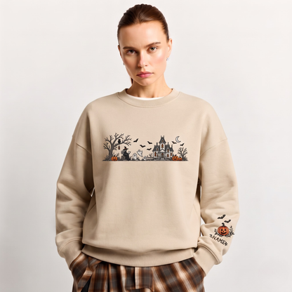 Chaotic Club Embroided Spooky Haunted House Halloween Scene Crewneck Sweatshirt