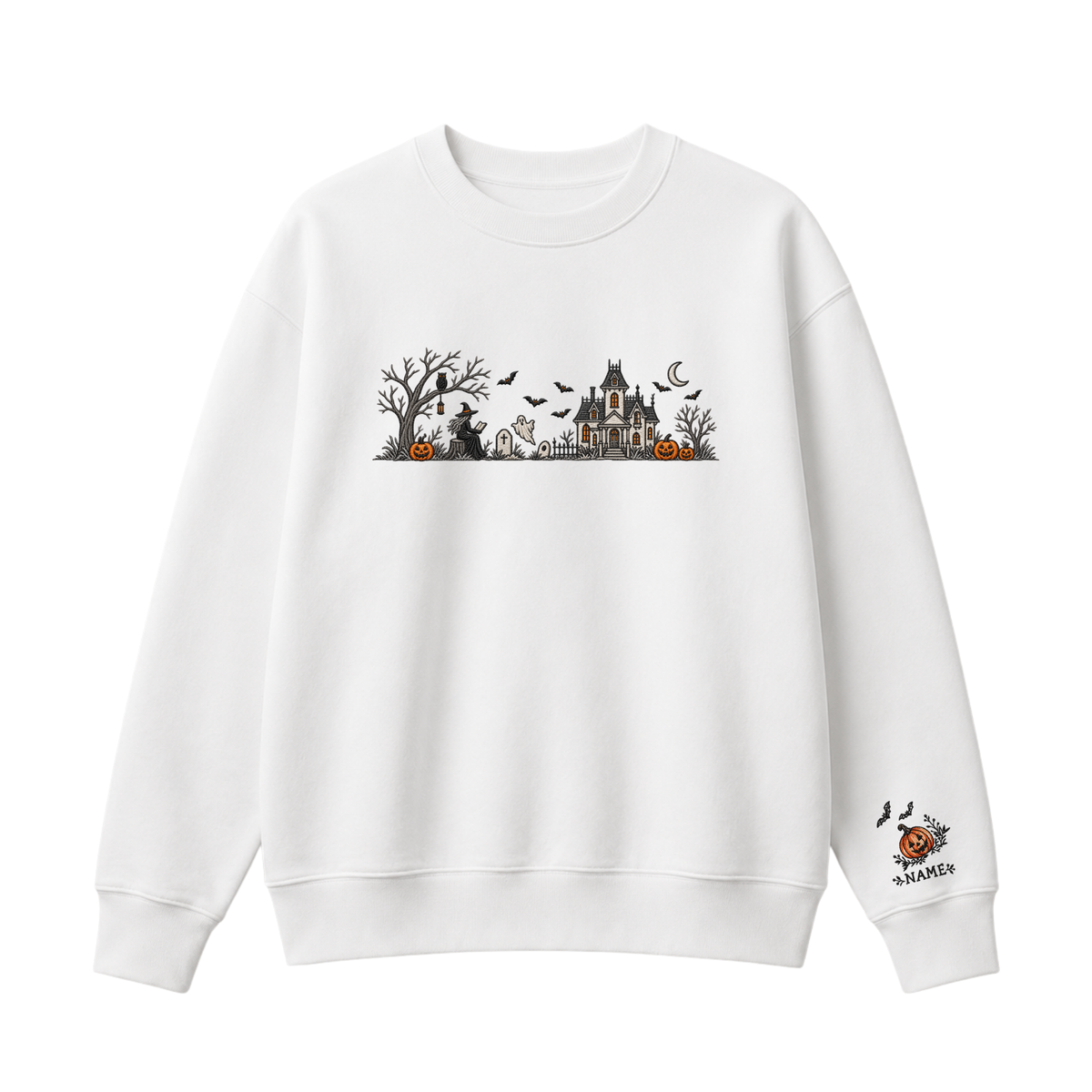 Chaotic Club Embroided Spooky Haunted House Halloween Scene Crewneck Sweatshirt