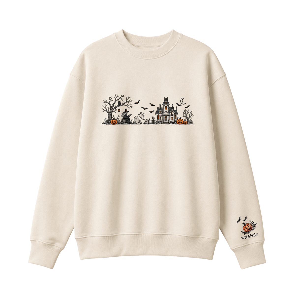 Chaotic Club Embroided Spooky Haunted House Halloween Scene Crewneck Sweatshirt