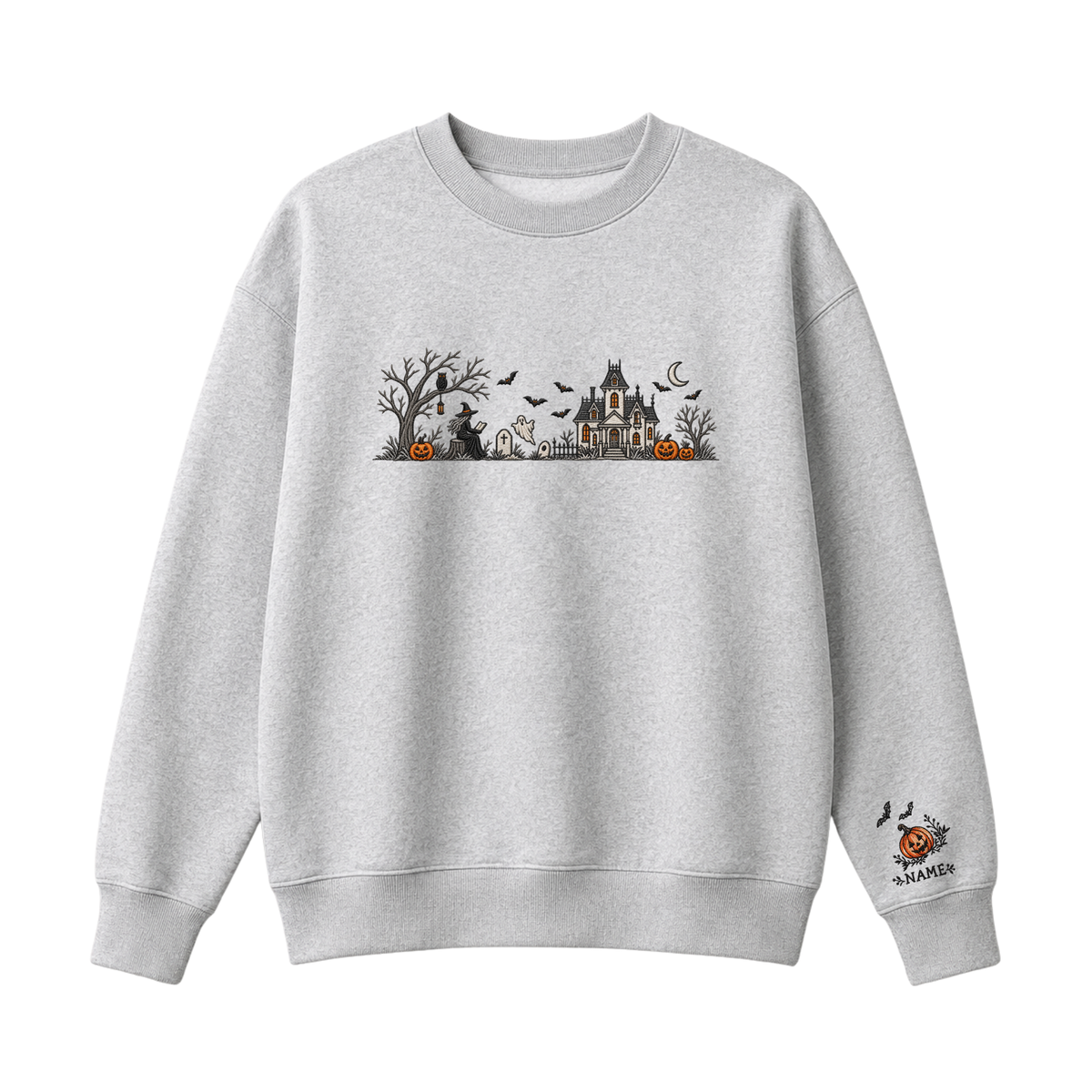 Chaotic Club Embroided Spooky Haunted House Halloween Scene Crewneck Sweatshirt
