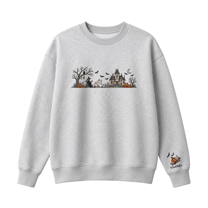 Chaotic Club Embroided Spooky Haunted House Halloween Scene Crewneck Sweatshirt