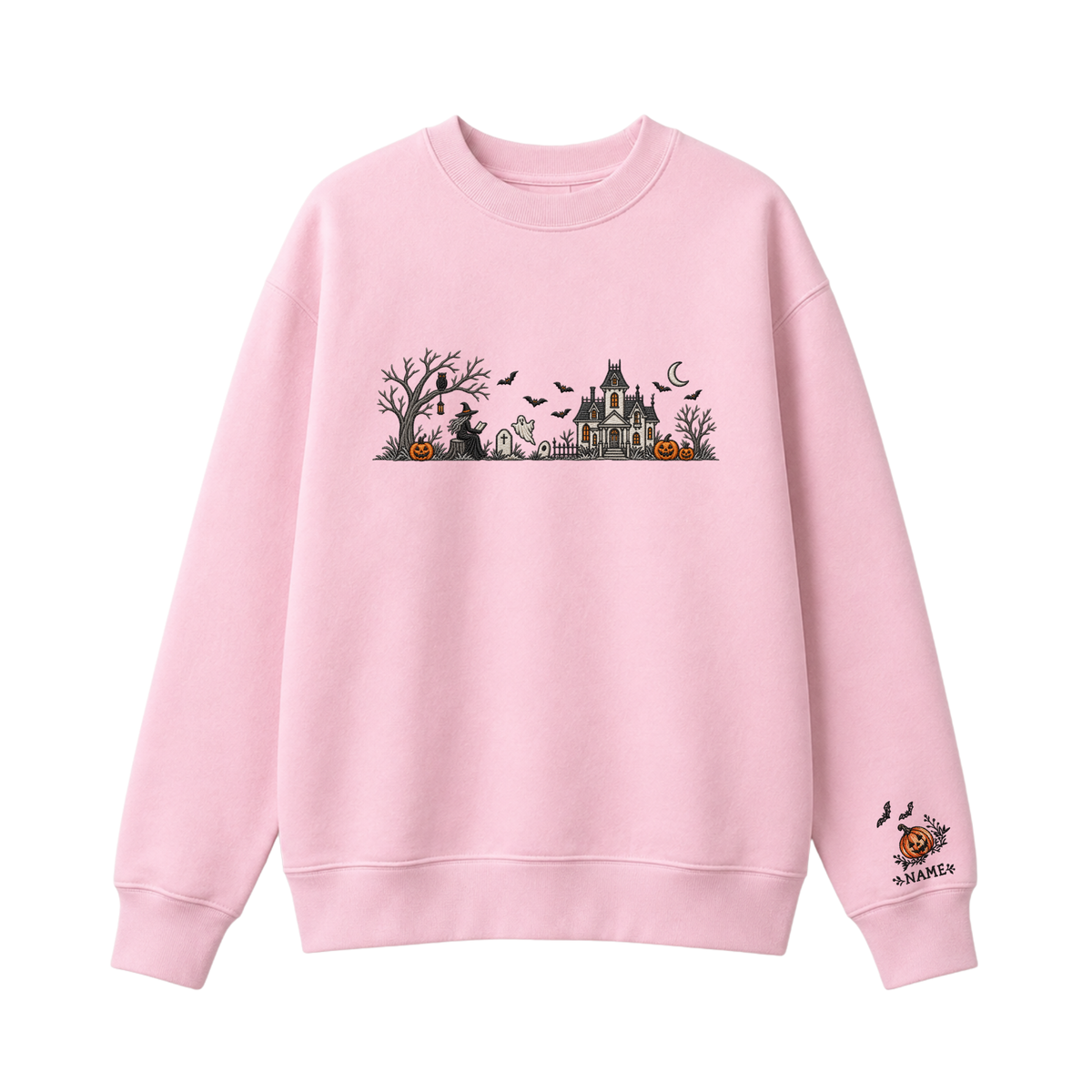 Chaotic Club Embroided Spooky Haunted House Halloween Scene Crewneck Sweatshirt