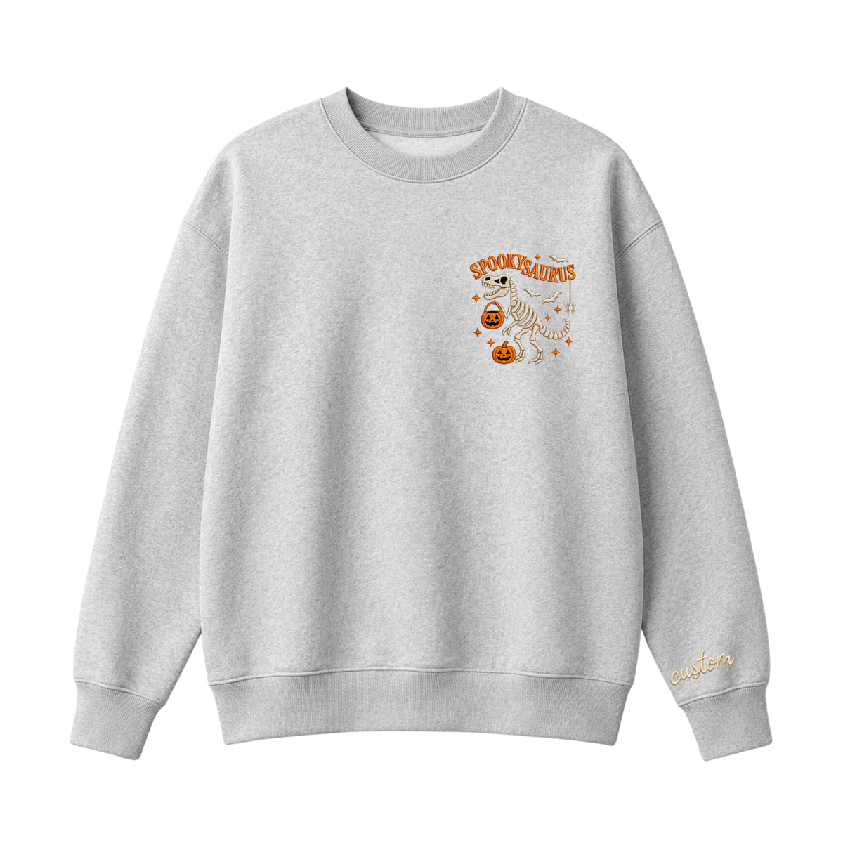 Chaotic Club Embroided Spooky Saurus Skeleton T-Rex Pocket Custom Sleeve Crewneck Sweatshirt