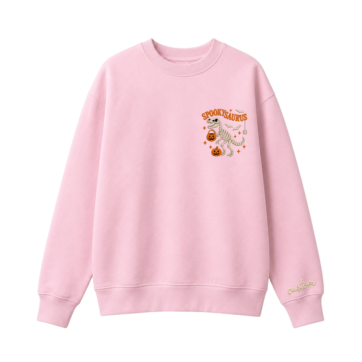 Chaotic Club Embroided Spooky Saurus Skeleton T-Rex Pocket Custom Sleeve Crewneck Sweatshirt