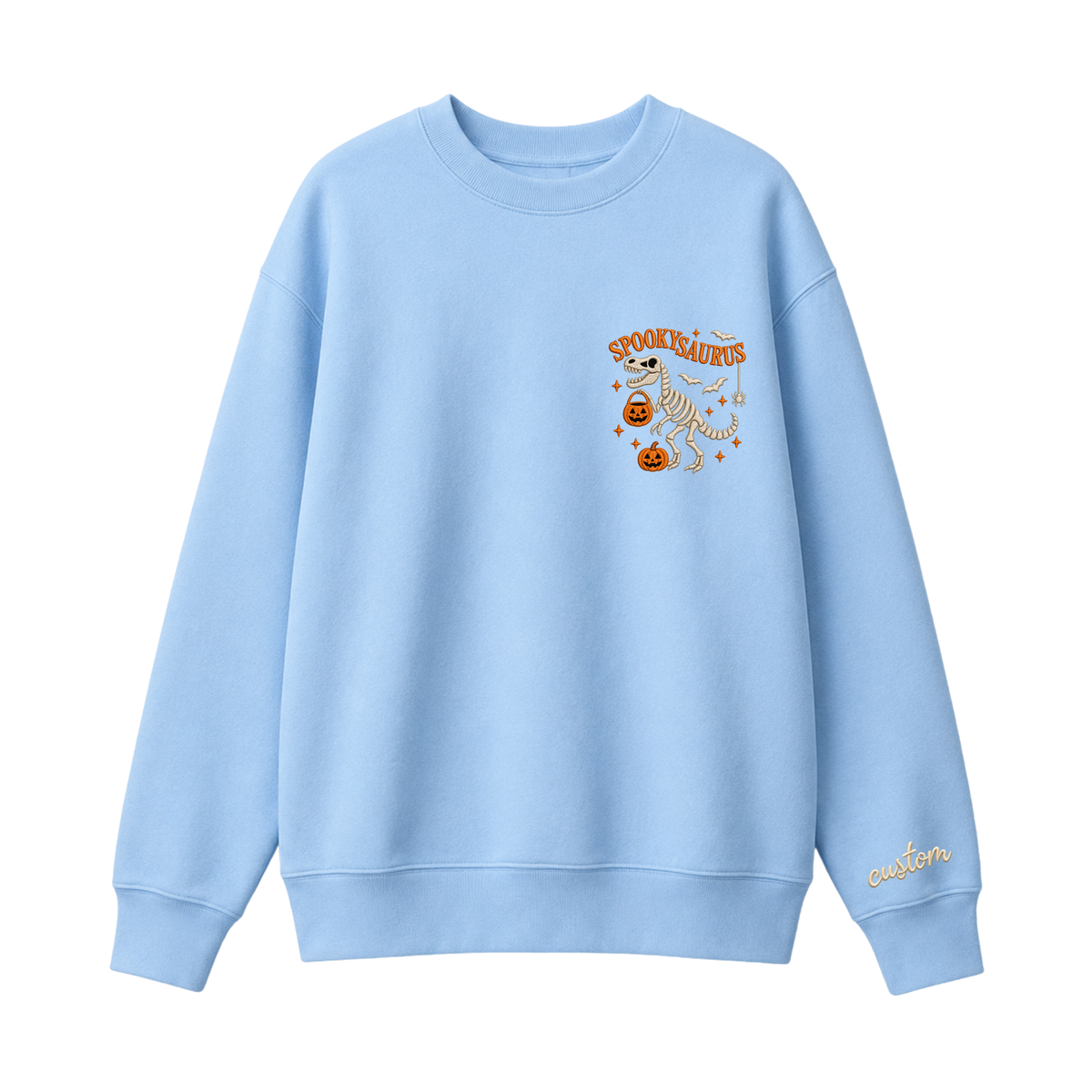 Chaotic Club Embroided Spooky Saurus Skeleton T-Rex Pocket Custom Sleeve Crewneck Sweatshirt