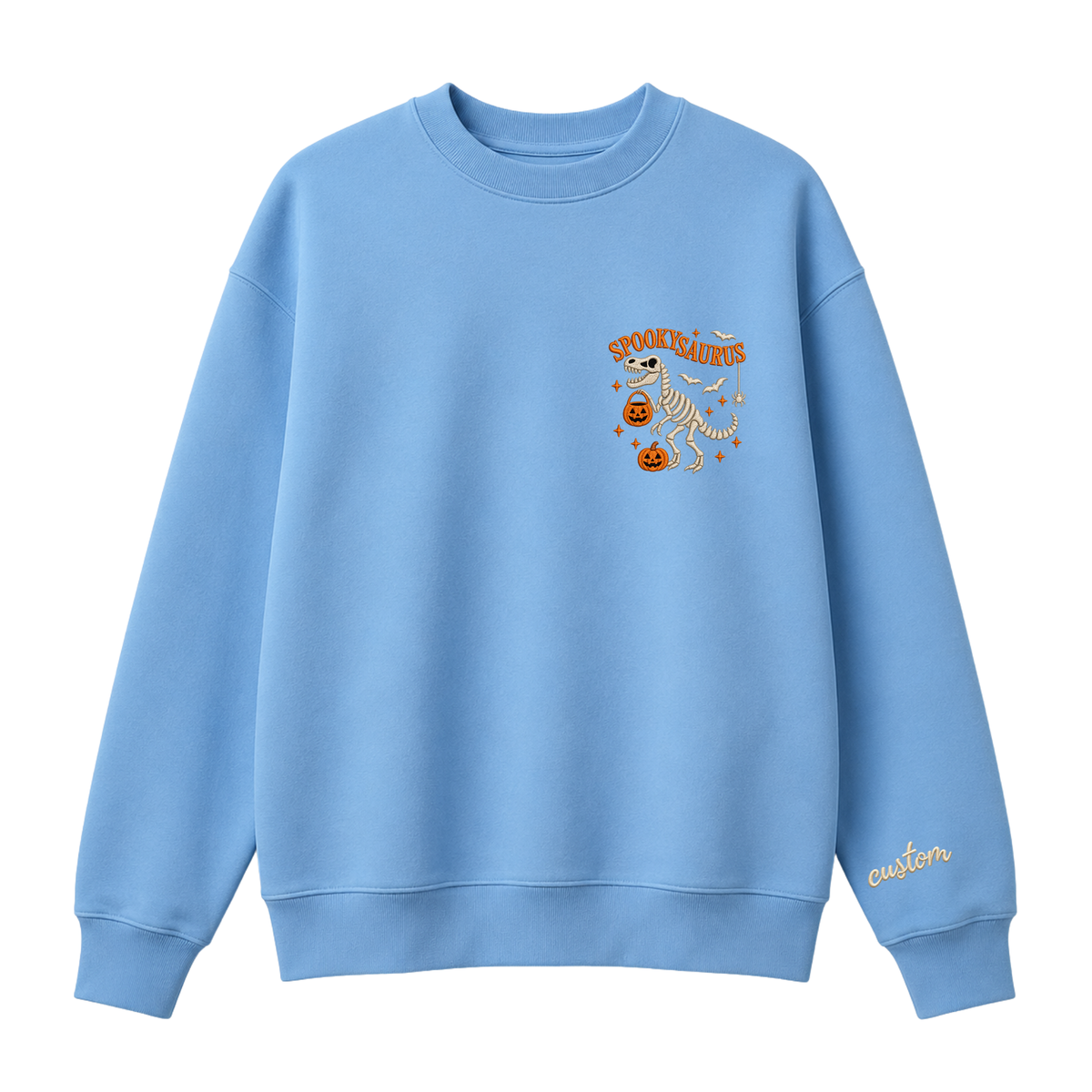 Chaotic Club Embroided Spooky Saurus Skeleton T-Rex Pocket Custom Sleeve Crewneck Sweatshirt