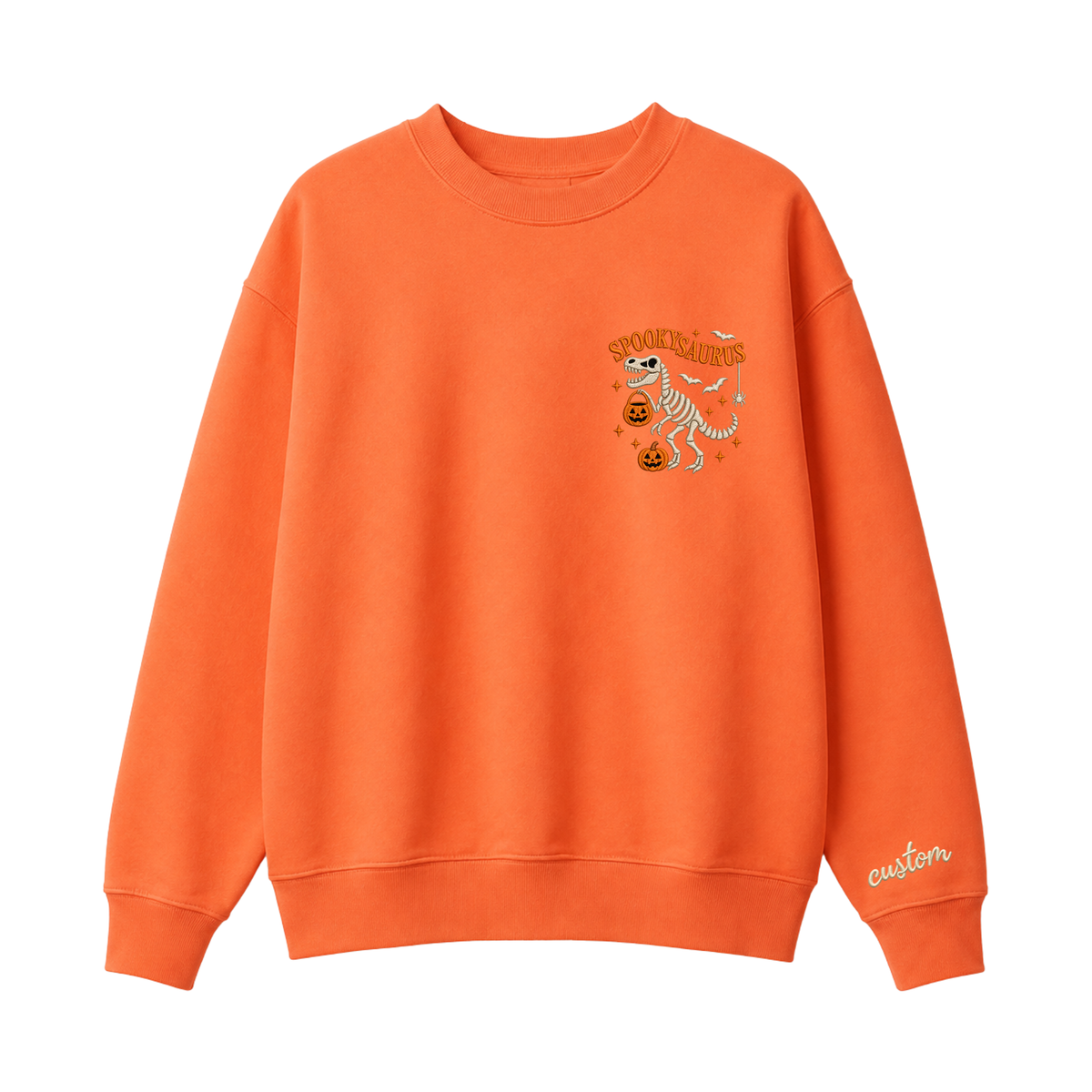Chaotic Club Embroided Spooky Saurus Skeleton T-Rex Pocket Custom Sleeve Crewneck Sweatshirt