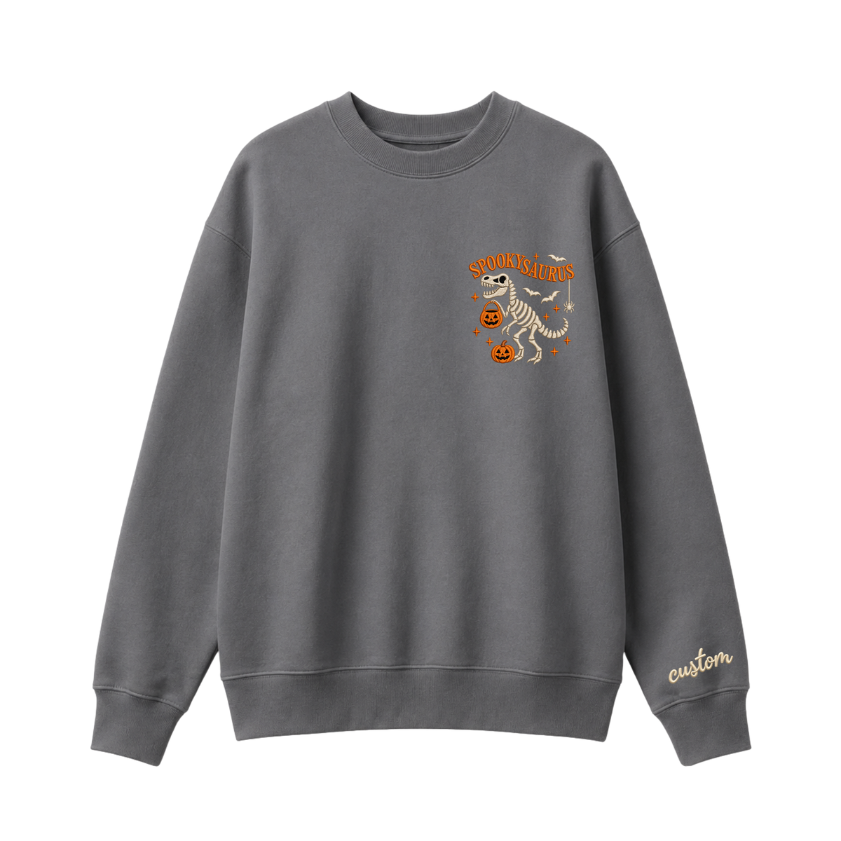 Chaotic Club Embroided Spooky Saurus Skeleton T-Rex Pocket Custom Sleeve Crewneck Sweatshirt