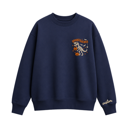 Chaotic Club Embroided Spooky Saurus Skeleton T-Rex Pocket Custom Sleeve Crewneck Sweatshirt