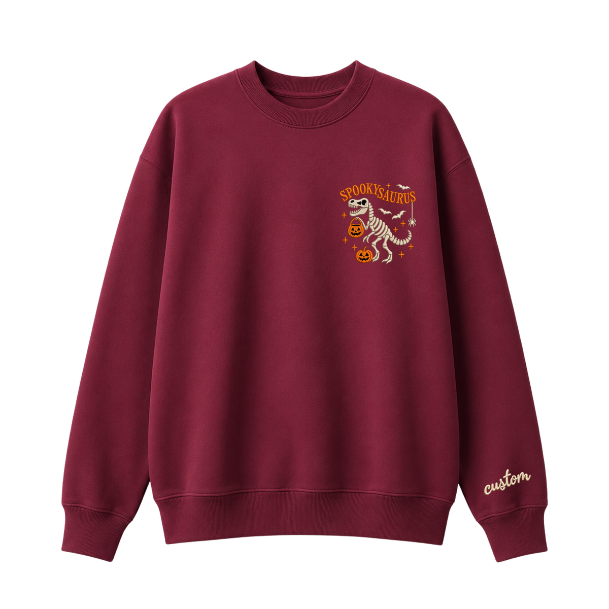 Chaotic Club Embroided Spooky Saurus Skeleton T-Rex Pocket Custom Sleeve Crewneck Sweatshirt
