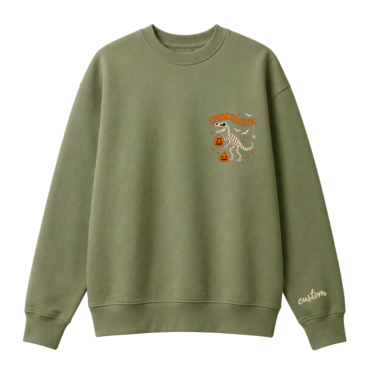 Chaotic Club Embroided Spooky Saurus Skeleton T-Rex Pocket Custom Sleeve Crewneck Sweatshirt