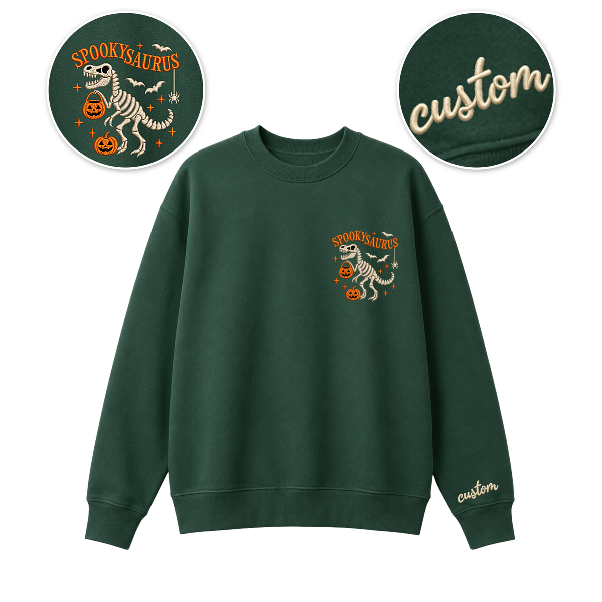 Chaotic Club Embroided Spooky Saurus Skeleton T-Rex Pocket Custom Sleeve Crewneck Sweatshirt