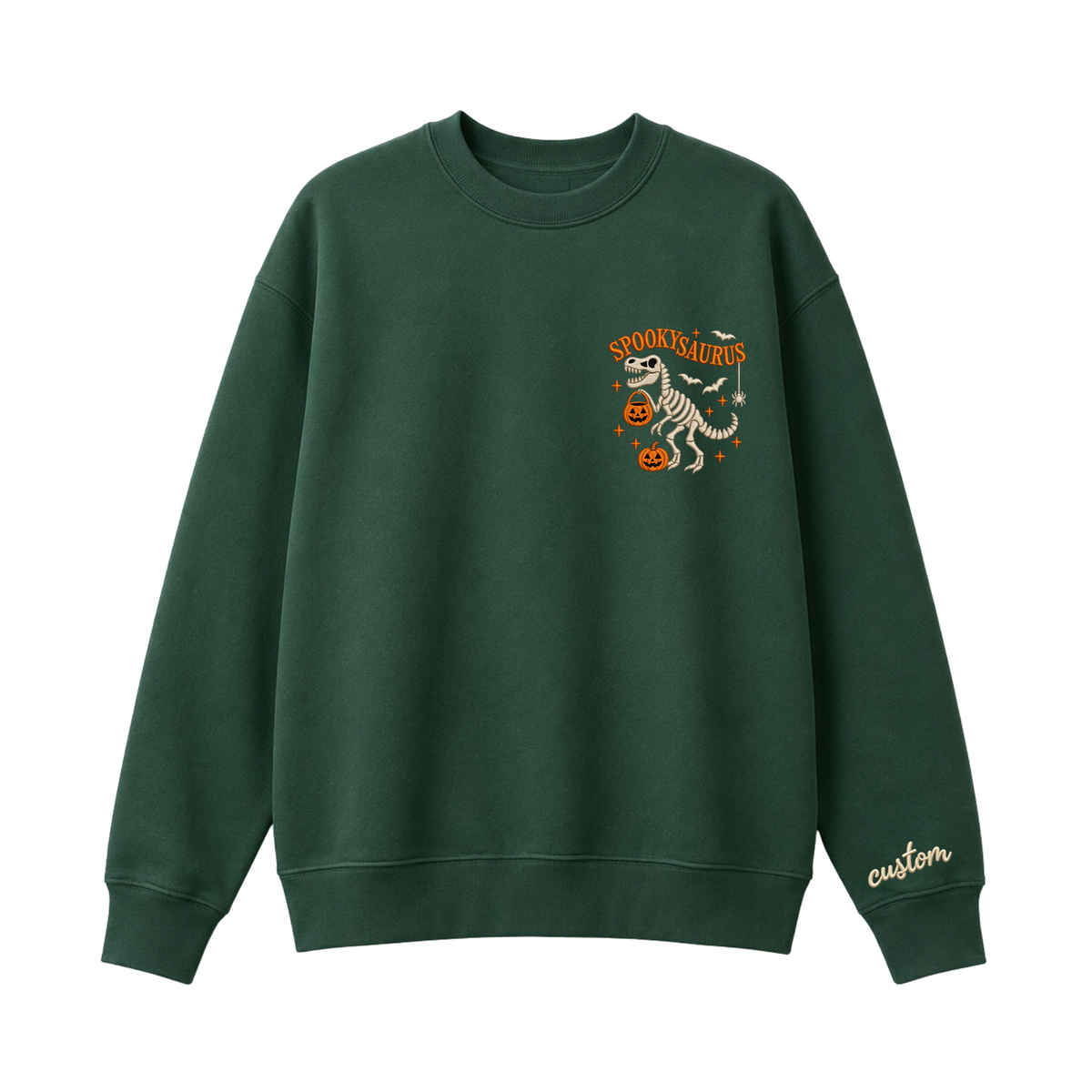 Chaotic Club Embroided Spooky Saurus Skeleton T-Rex Pocket Custom Sleeve Crewneck Sweatshirt