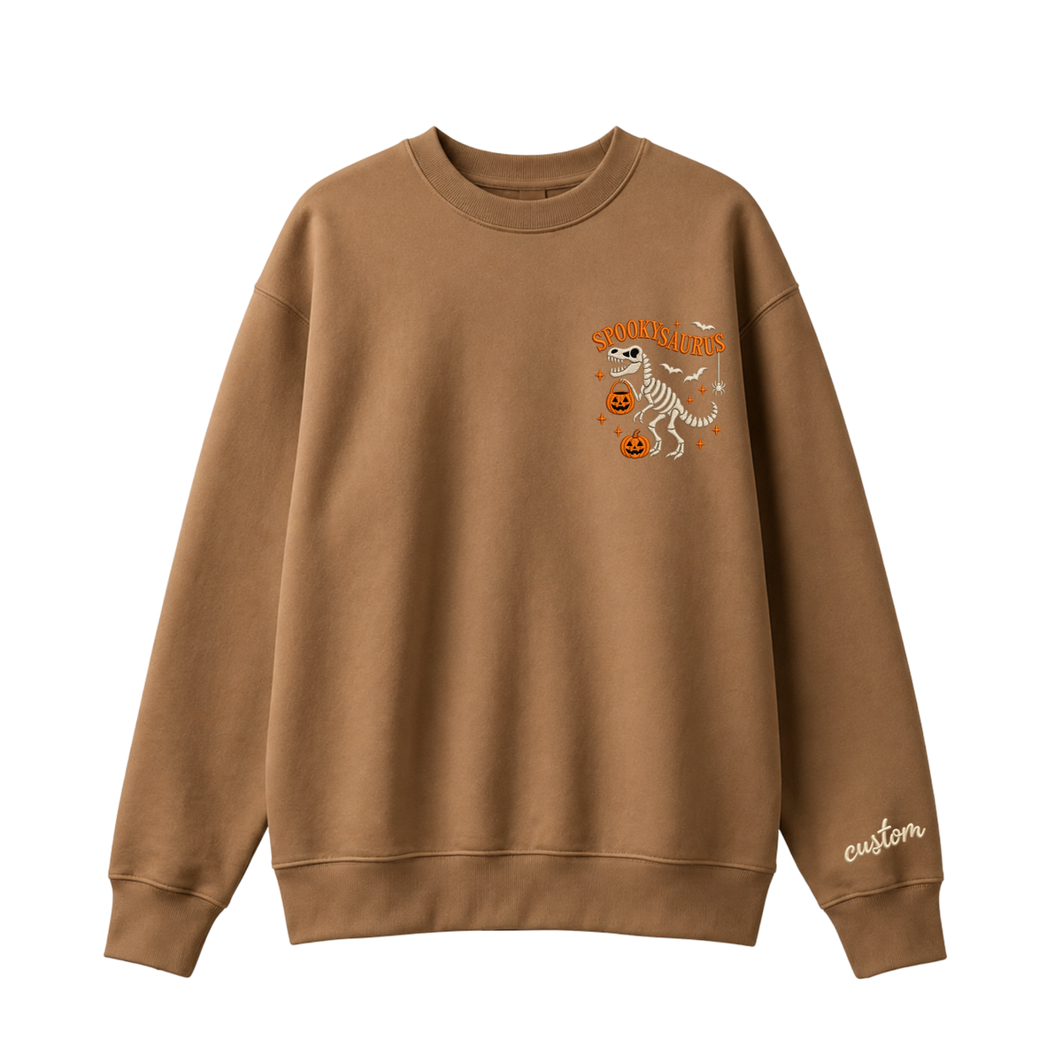 Chaotic Club Embroided Spooky Saurus Skeleton T-Rex Pocket Custom Sleeve Crewneck Sweatshirt