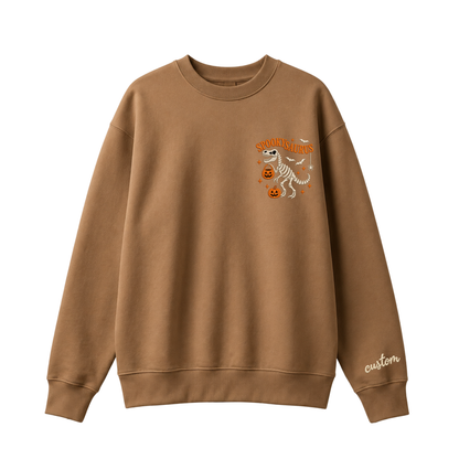 Chaotic Club Embroided Spooky Saurus Skeleton T-Rex Pocket Custom Sleeve Crewneck Sweatshirt